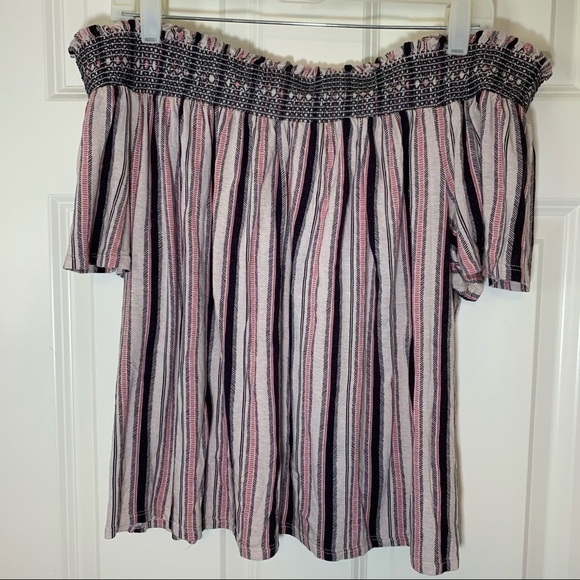 Target Tops - Off the shoulder short sleeve cream, brown, pink stripes stretchy size large